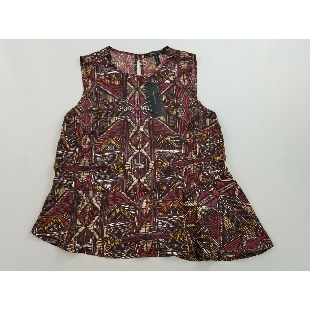 BCBGMAXAZRIA Women Brown Multi-Tribal Weave Peplum Blouse TMA1268700-977 XS NEW